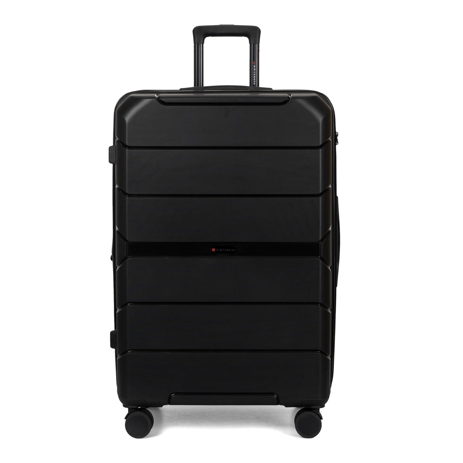 Front side view of a black hard side luggage called Altitude designed by Air Canada sold at Bentley, showcasing its telescopic handle and resistant shell texture.