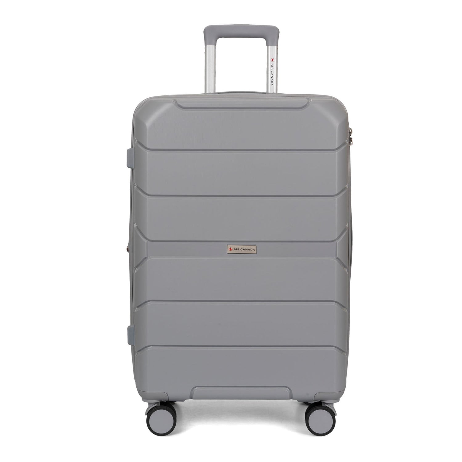 Front side view of a grey hard side luggage called Altitude designed by Air Canada sold at Bentley, showcasing its telescopic handle and resistant shell texture.