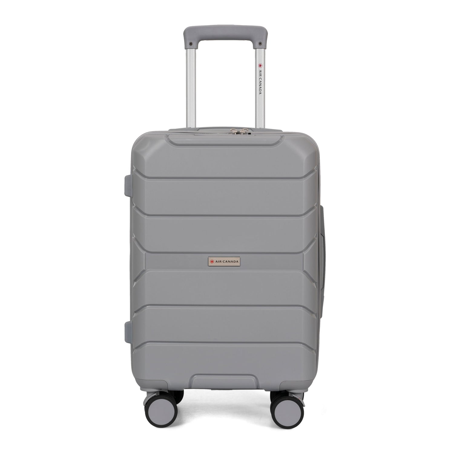 Front side view of a grey hard side luggage called Altitude designed by Air Canada sold at Bentley, showcasing its telescopic handle and resistant shell texture.