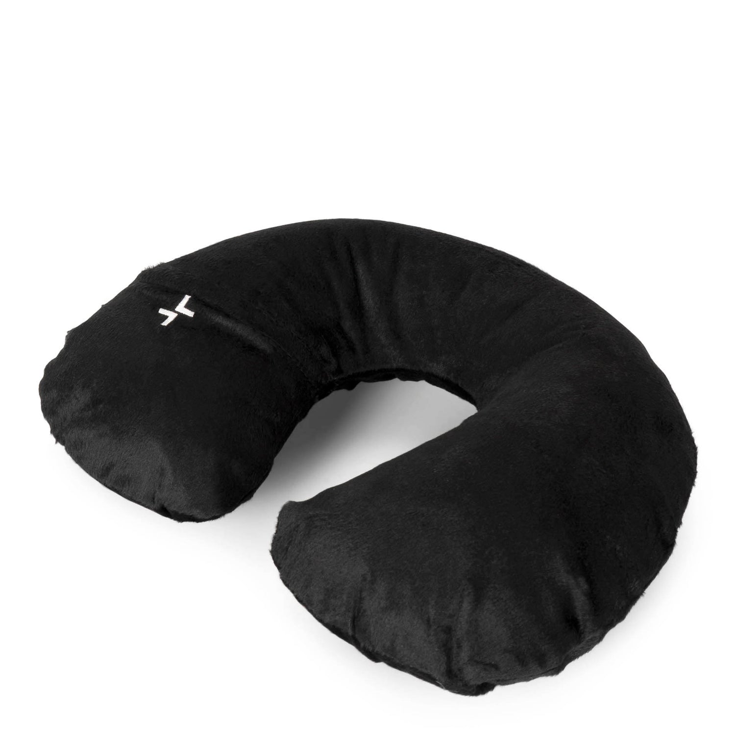 Angle view of a dark grey ultra-soft inflatable travel pillow designed by Tracker showing its soft texture and tracker logo printed on the top.
