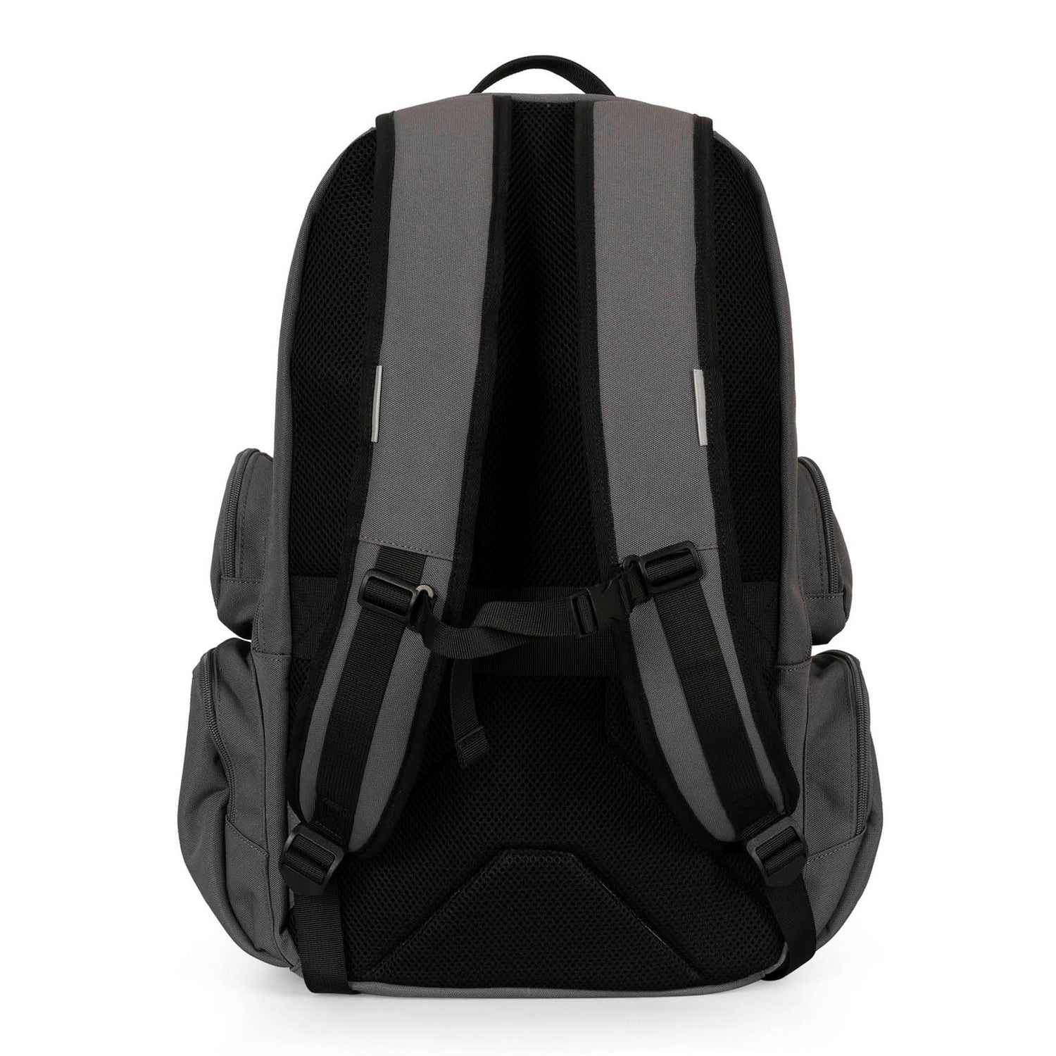 Back side view of a grey laptop backpack called Cartier 3.0 designed by Tracker on a white background, showcasing 2 shoulder straps, 4 front pockets, a top handle, and a padded back panel.