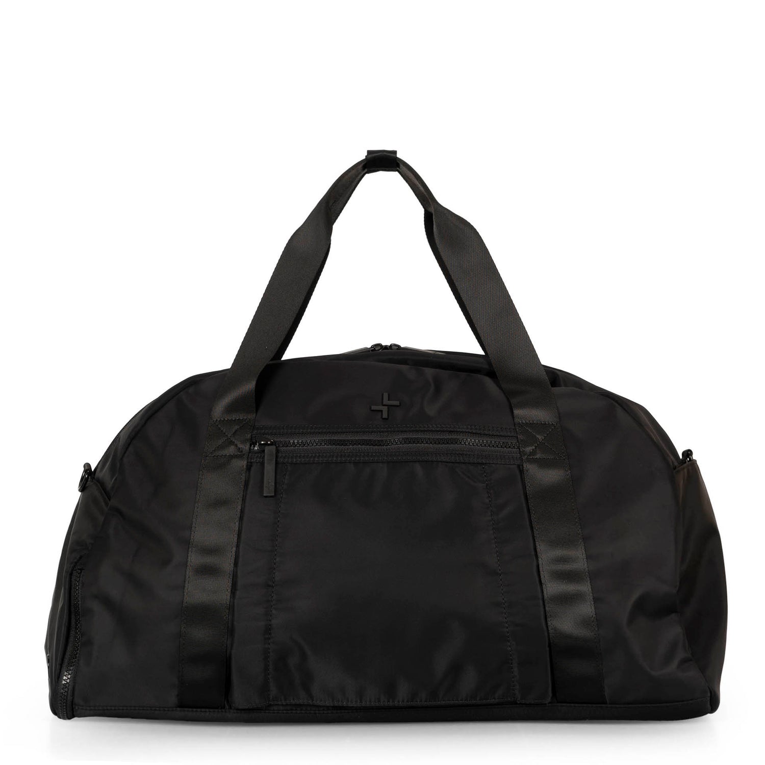 Front side of a black duffle bag called Sutton designed by Tracker on a white background, showcasing its top handle, front zipper pocket and 2 side pockets.