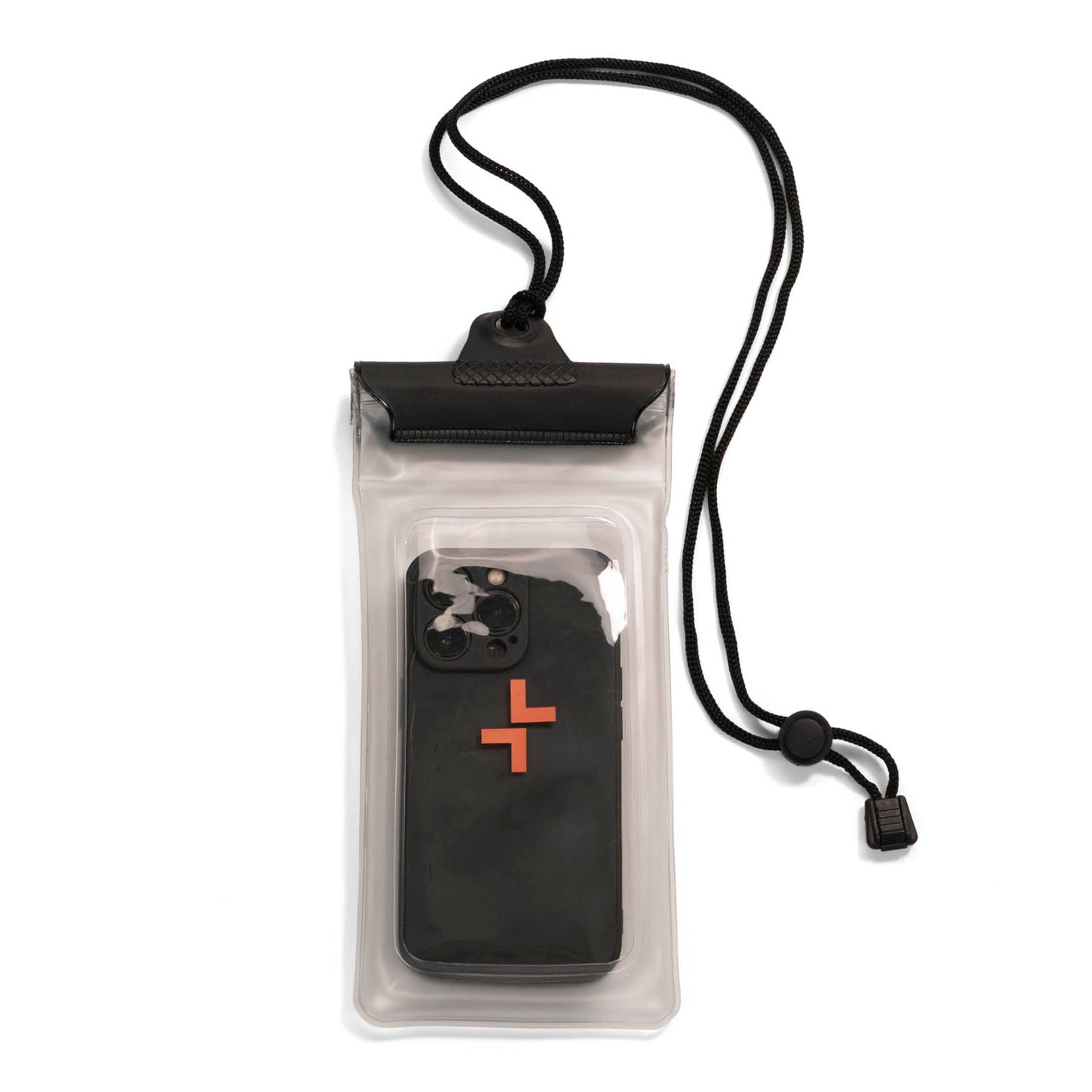 Back side of a transparent water proof phone pouch designed by tracker showing its reflective material, a stowed phone inside it, and a drawstring laying beside it.