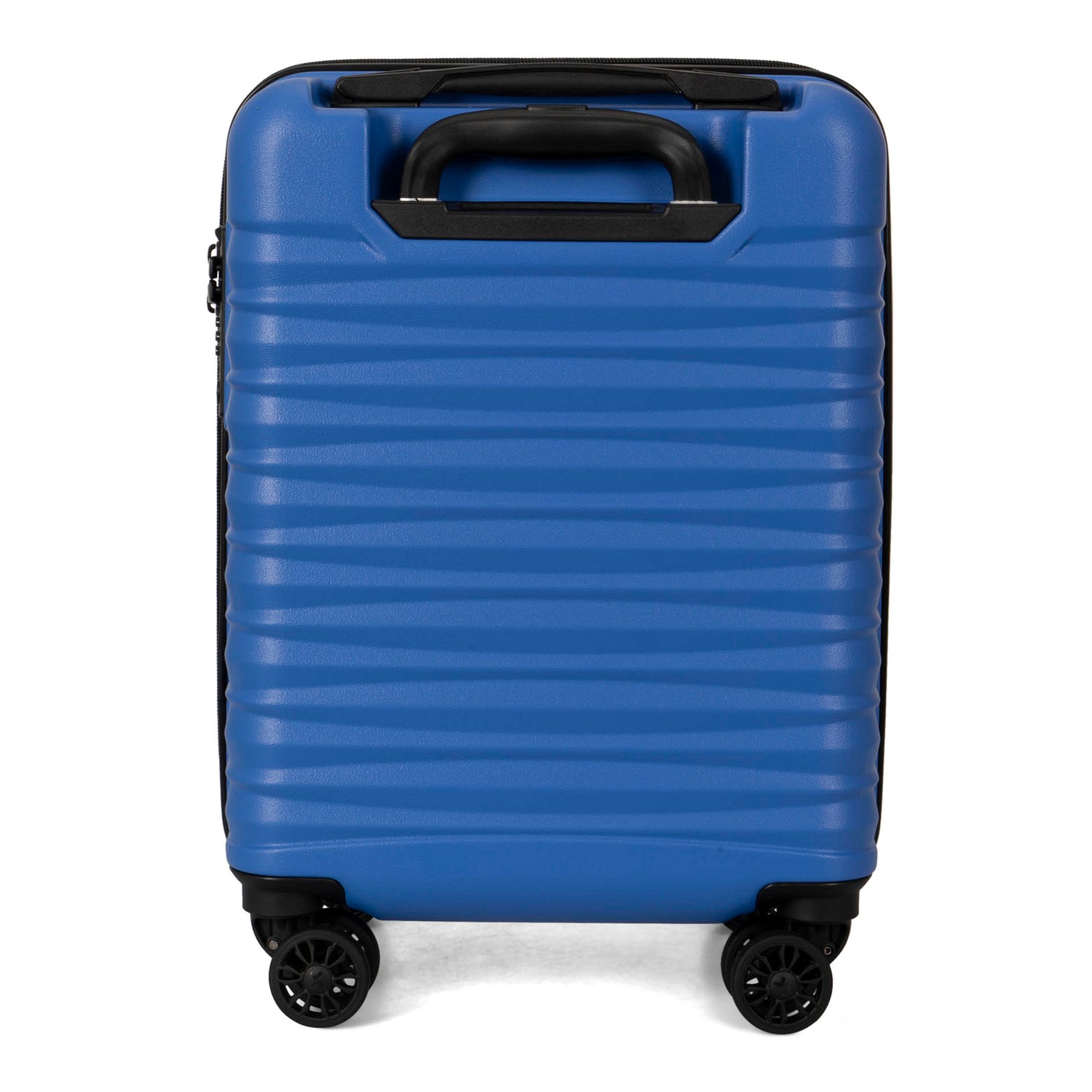 Back side of a blue carry-on luggage called Oceanside Hardside 19" Carry-On Luggage designed by Tracker showing its linear pattern shell, telescopic handle, and wheels.