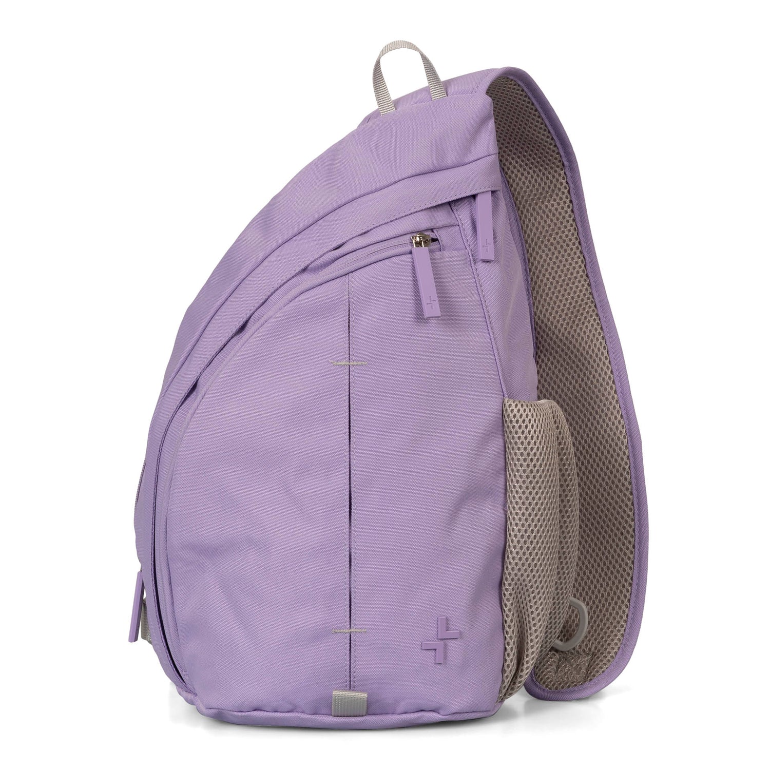 Front side of a lilac-coloured sling bag designed by Tracker show its front pockets and anterior part of the strap.