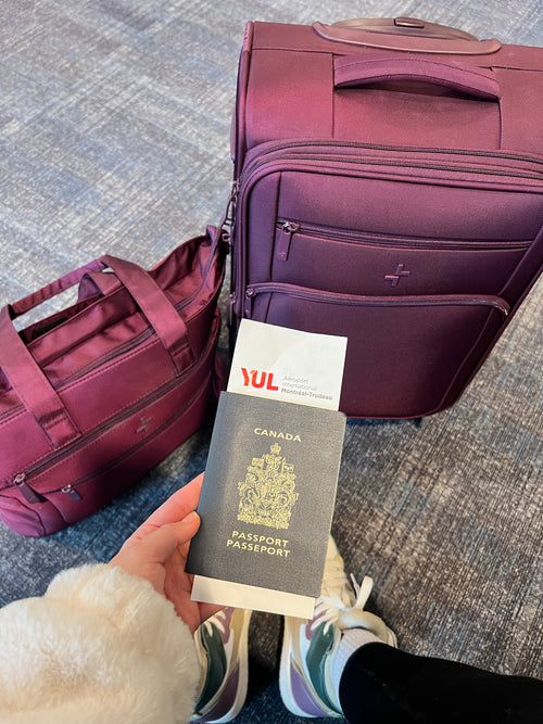 Image of the Verona carry-on and tote bag, with a passport and boarding pass in hand.