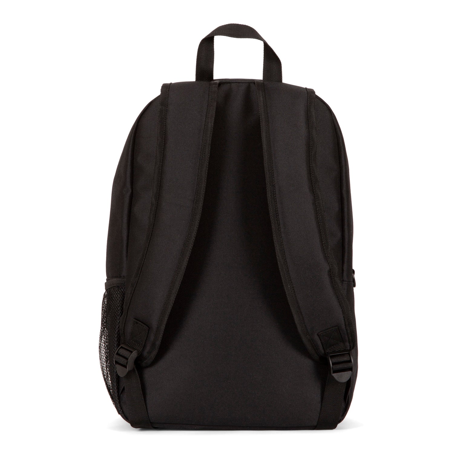 Back side of the black Tracker's Mega Value backpack on a white background, showcasing its straps and top handle.
