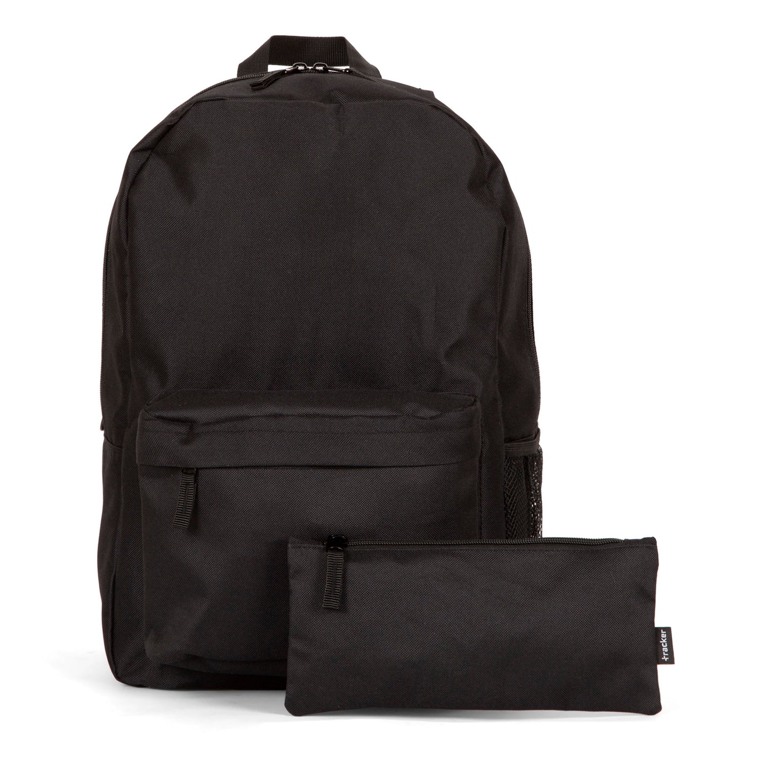 Front side of the black Tracker's Mega Value backpack and pencil case on a white background, showcasing  their zipper compartments.