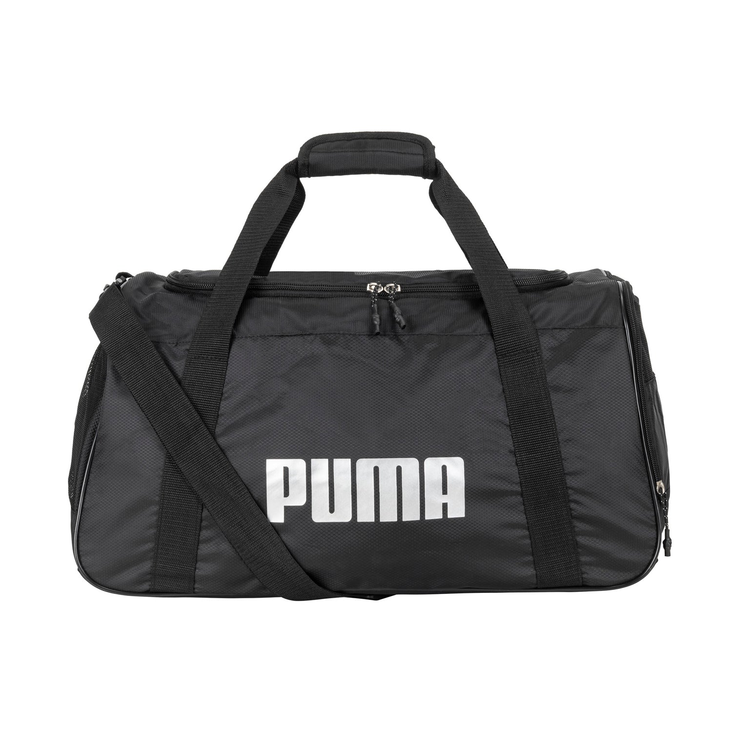 Front side of a black duffle bag called Foundation by Puma on white background, showing its top handles and shoulder strap with the Puma logo printed in front.