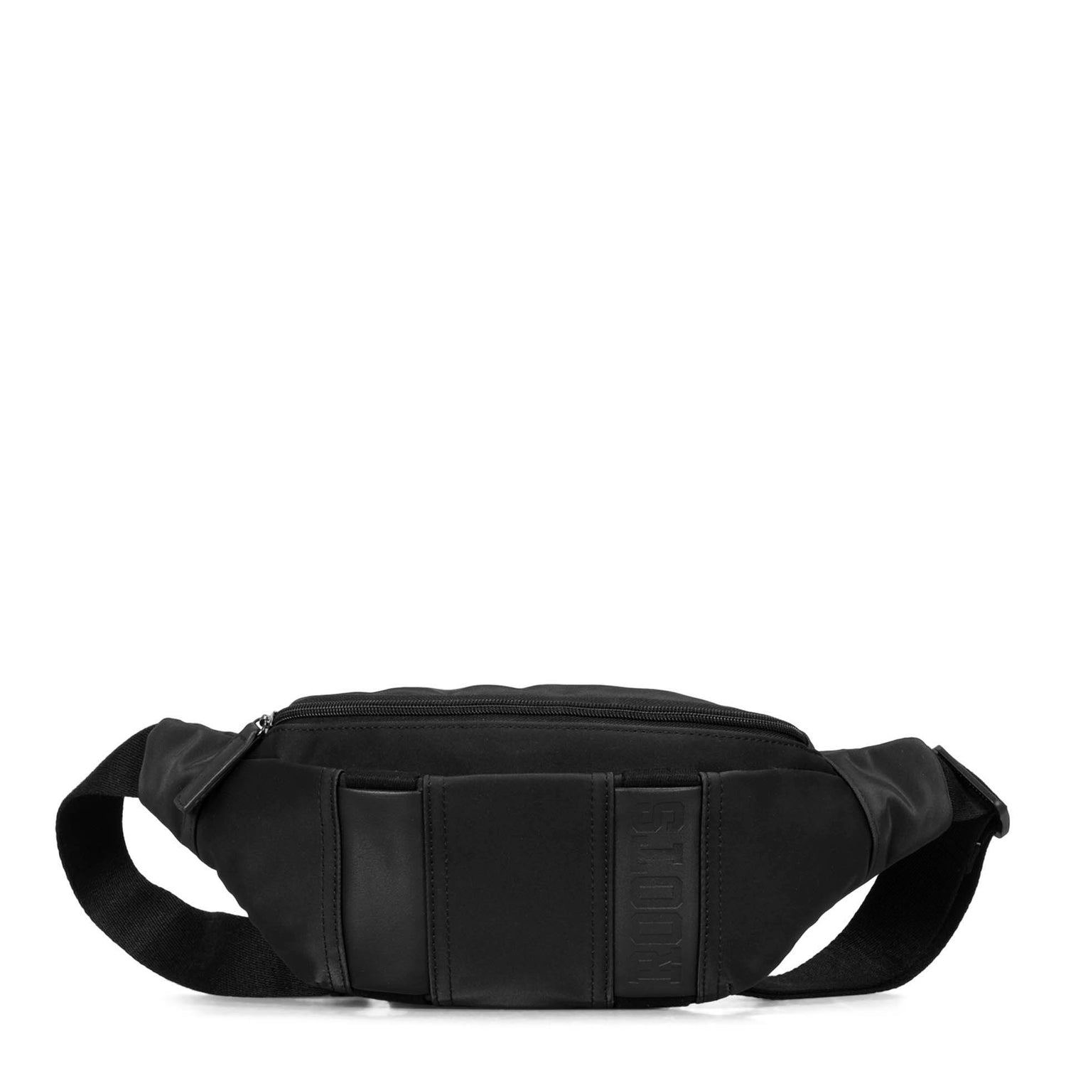 Front side of a black fanny pack called Dilan designed by Roots showing its two tone PU-nylon texture, a belt strap, a main zipper compartment.