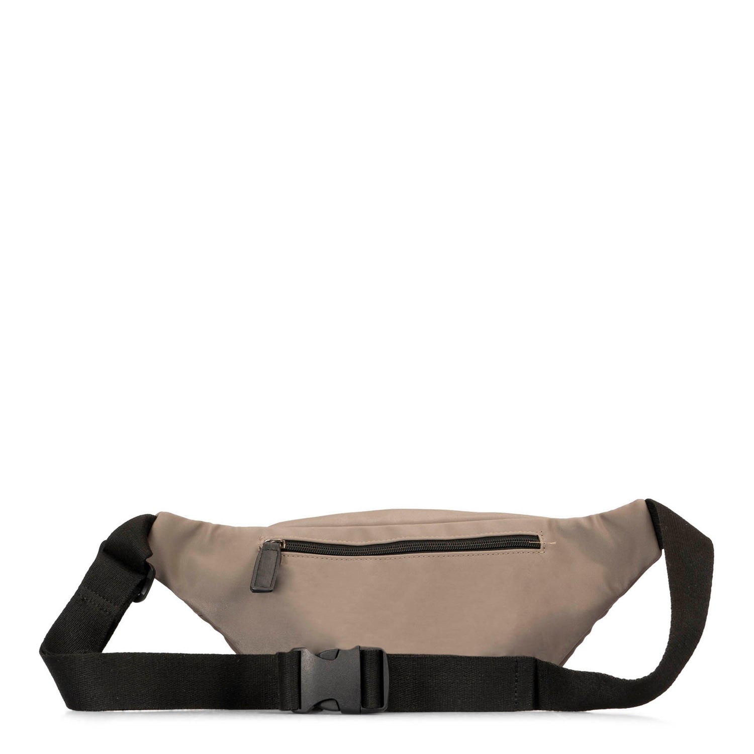 Backside view of a beige fanny pack called Dilan designed by Roots showing its two tone PU-nylon texture, a belt strap, and hidden back zipper pocket.