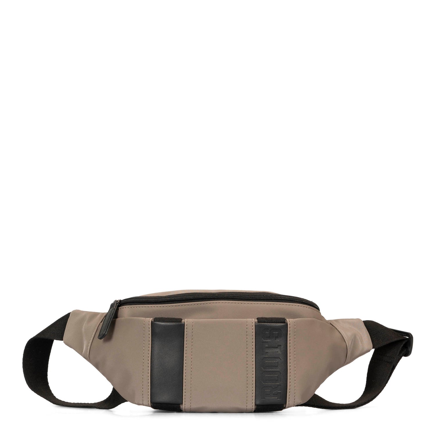 Front side of a beige fanny pack called Dilan designed by Roots showing its two tone PU-nylon texture, a belt strap, a main zipper compartment.