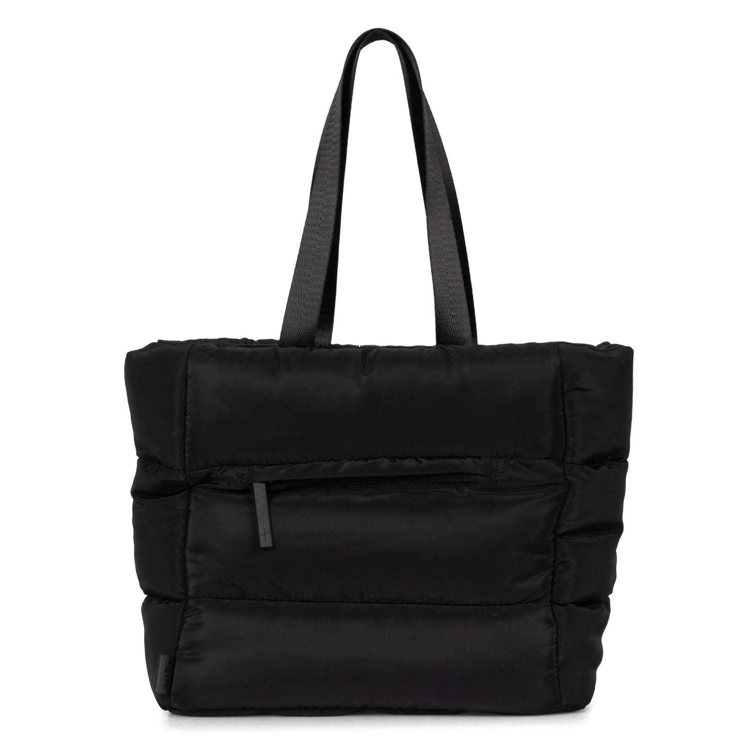 Frontside of a black lunch tote bag called Urban Quilted designed by Tracker on a white background, showcasing its long top handles and exterior zipper.