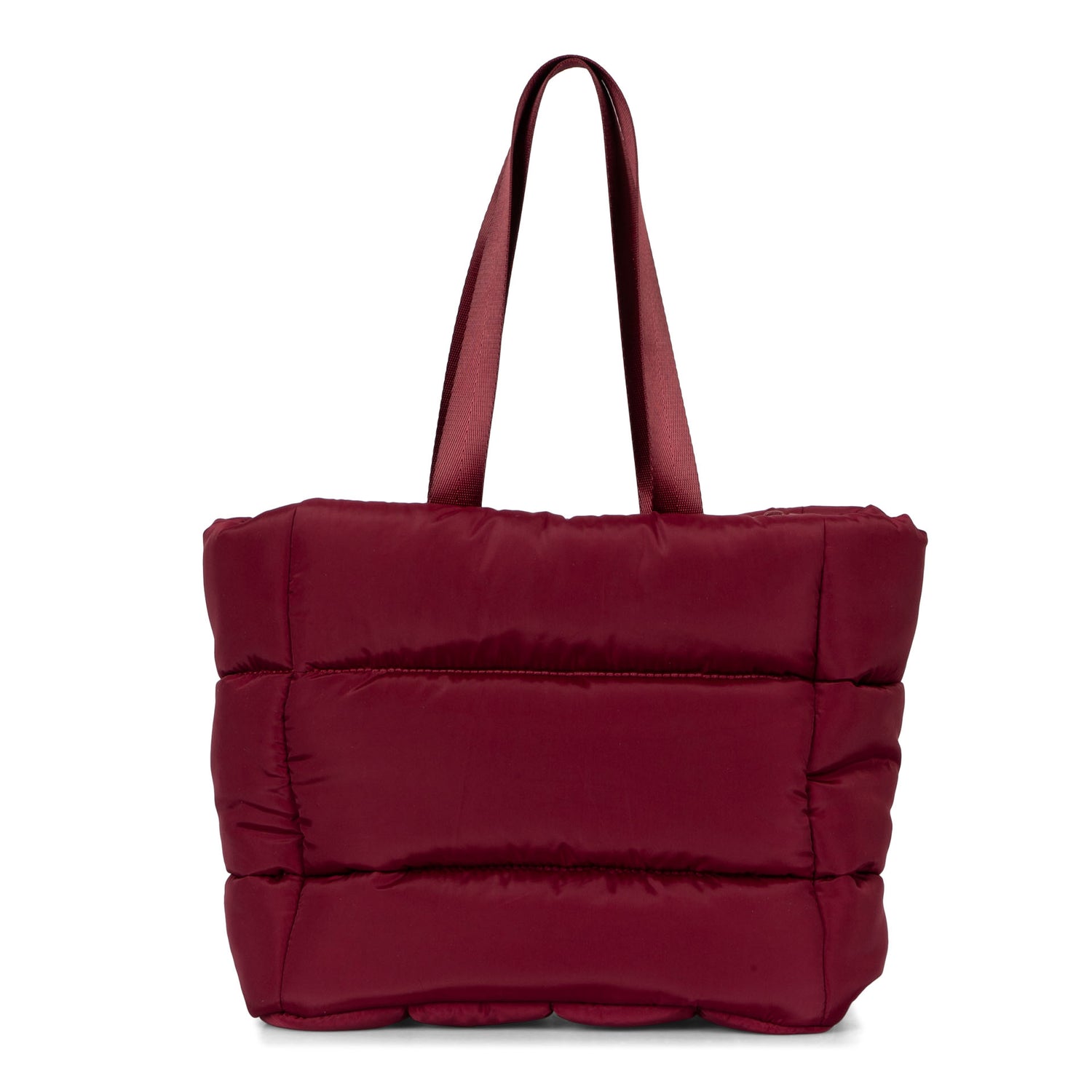 Front side of a red lunch tote bag called Urban Quilted designed by Tracker on a white background, showcasing its long top handles.