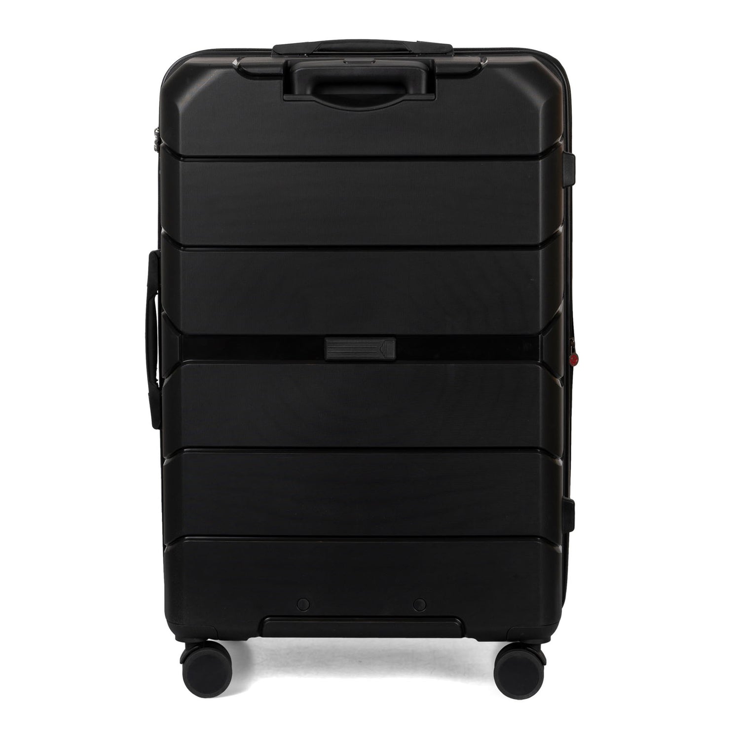 Back side view of a black hard side luggage called Altitude designed by Air Canada sold at Bentley, showcasing its resistant shell texture.