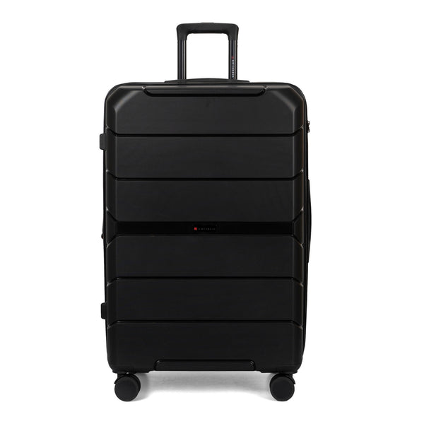 Front side view of a black hard side luggage called Altitude designed by Air Canada sold at Bentley, showcasing its telescopic handle and resistant shell texture.