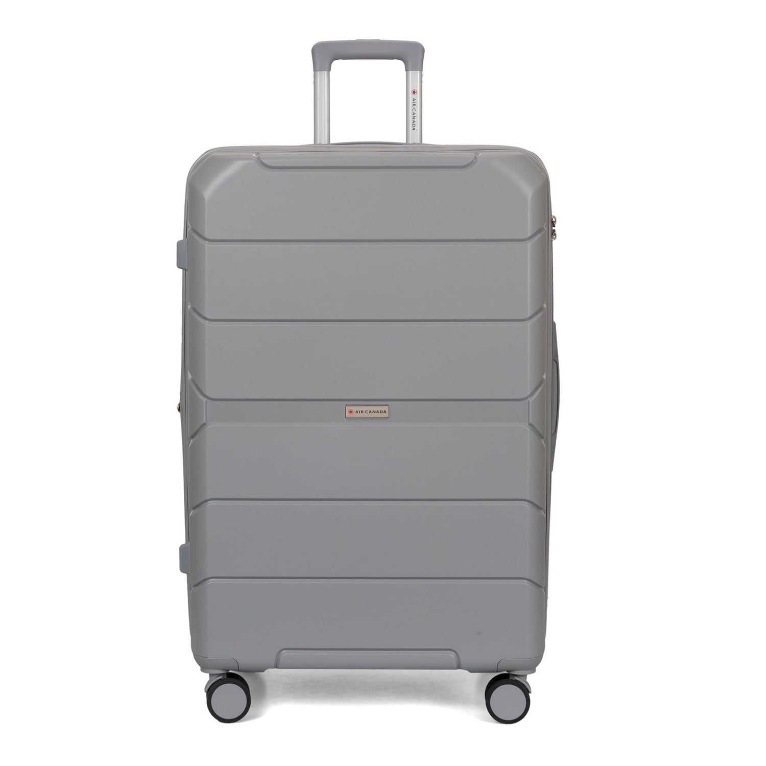 Front side view of a grey hard side luggage called Altitude designed by Air Canada sold at Bentley, showcasing its telescopic handle and resistant shell texture.