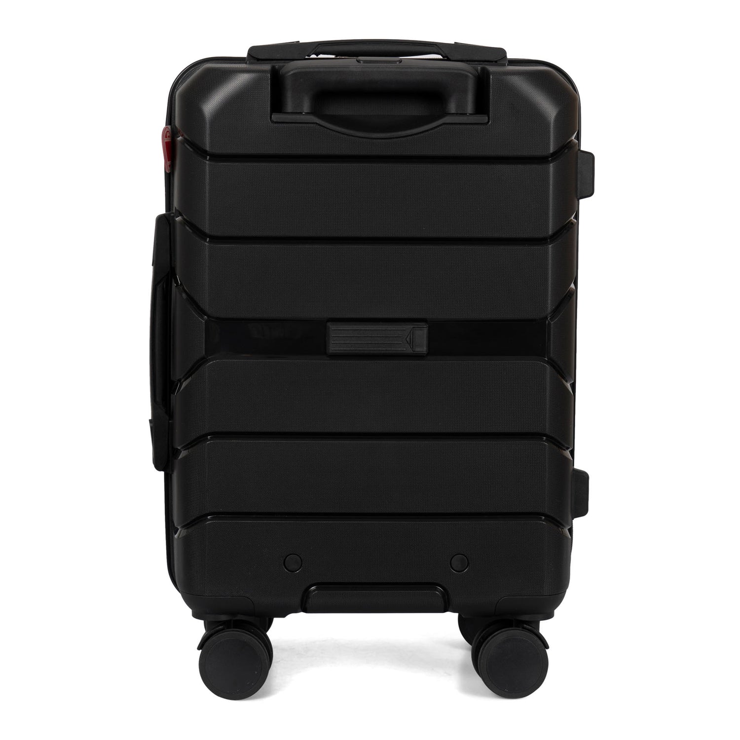 Back side view of a balck hard side luggage called Altitude designed by Air Canada sold at Bentley, showcasing its resistant shell texture.