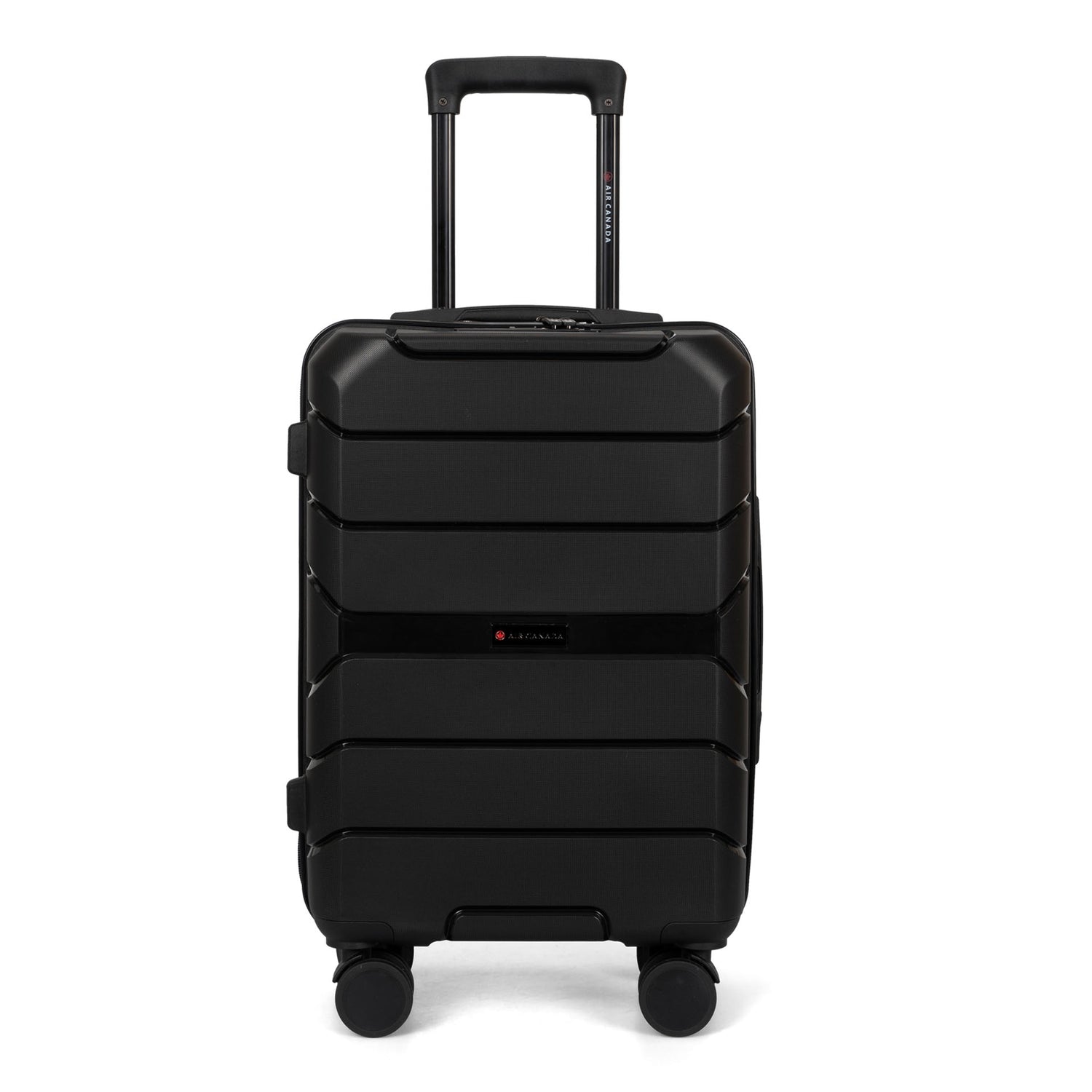 Front side view of a black hard side luggage called Altitude designed by Air Canada sold at Bentley, showcasing its telescopic handle and resistant shell texture.