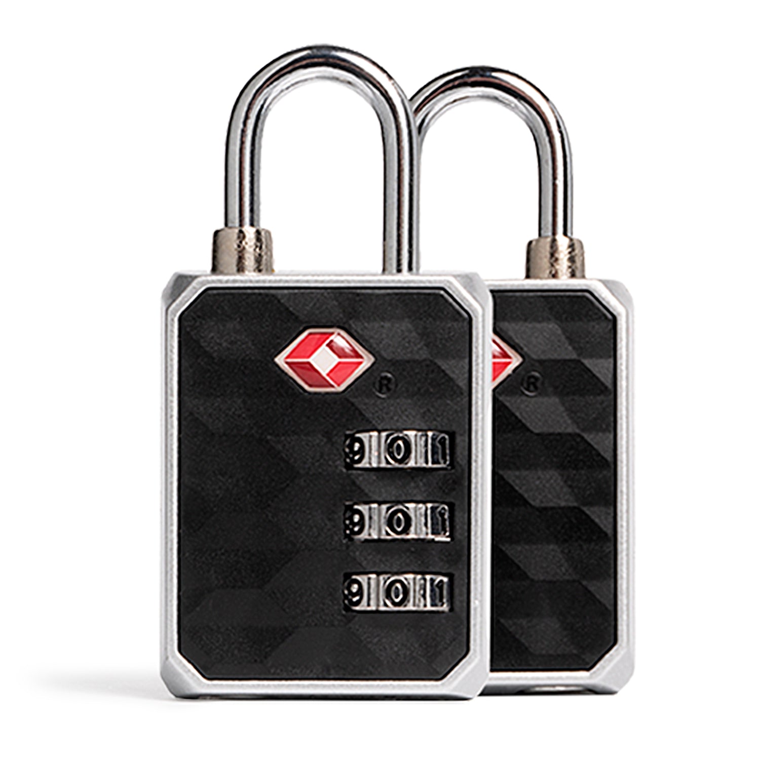 Front of 2 black and metallic tsa-approved locks designed by Tracker on white background, showcasing its 3-dial feature and red TSA logo.