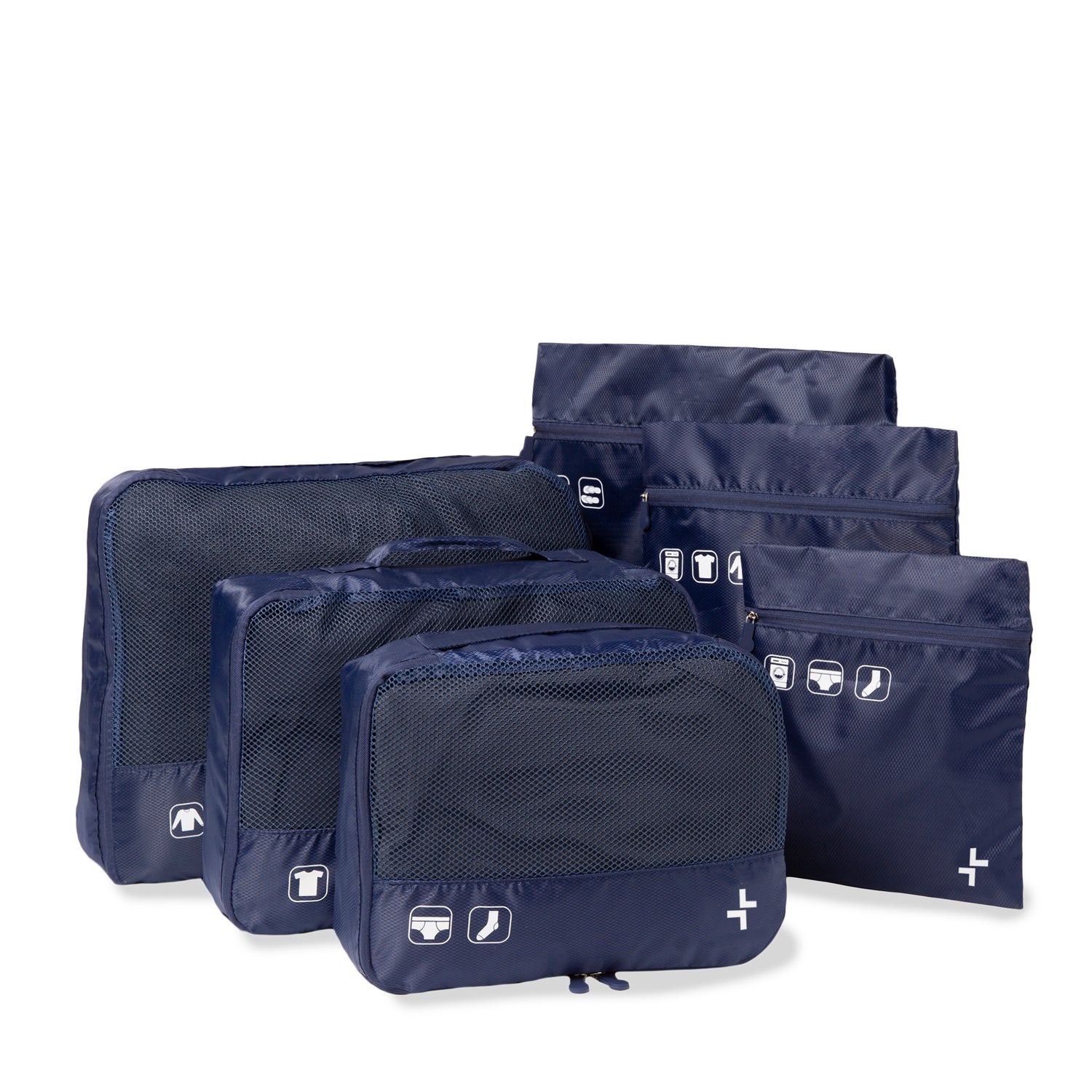 3 navy blue packing cubes and 3 navy blue storage bags designed by tracker all in a row showing its half mesh half polyester materials and icons of socks and undergarments.