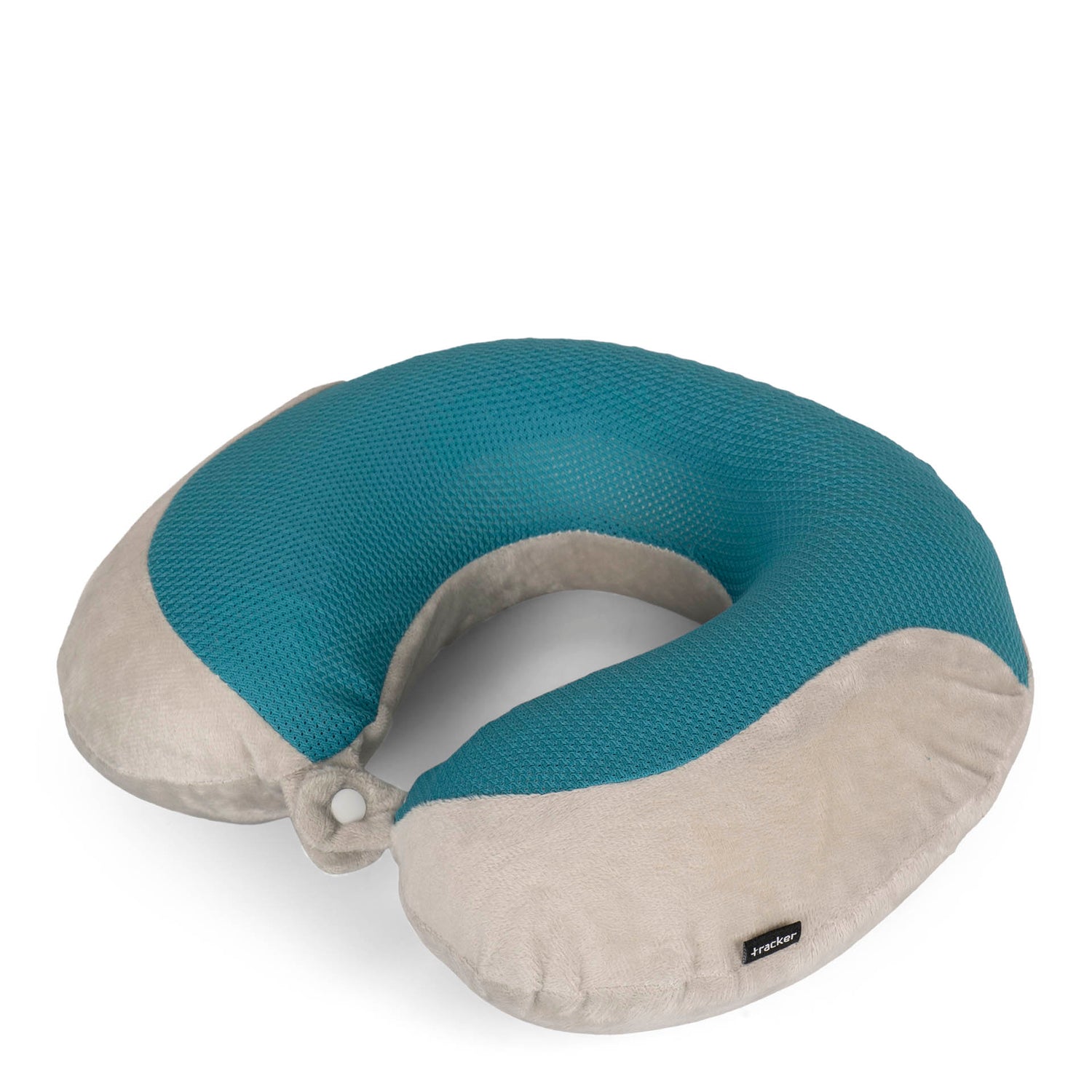 Frontside view of a memory foam travel pillow that is blue and white and designed by tracker. It has a snapbutton closure for a sung fit and looks super soft.