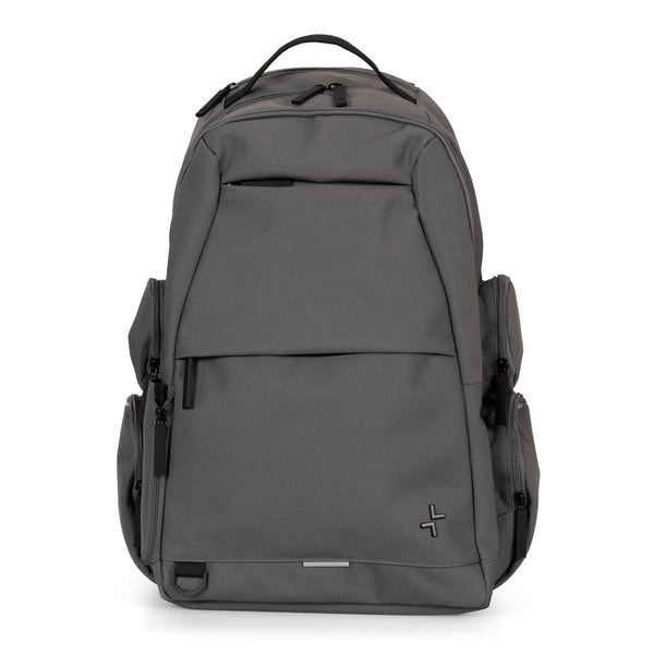 Frontside of a grey laptop backpack called Cartier 3.0 designed by Tracker on a white background, showcasing 4 side zipper pockets, 2 front pockets, and a top handle.