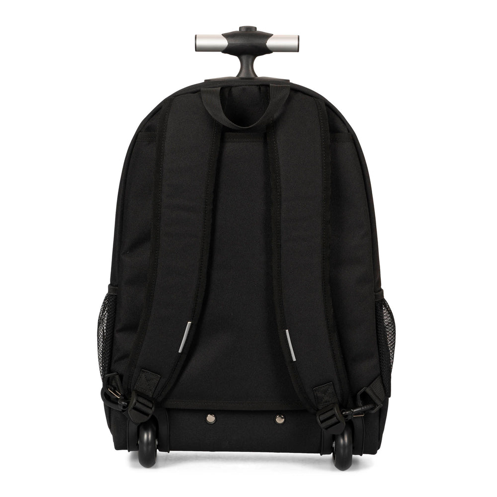 Back side of a black backpack on wheels called Mercier 3.0 designed by Tracker showing its telescopic handle. 2 shoulder straps, 2 wheels, and 2 side mesh pockets.
