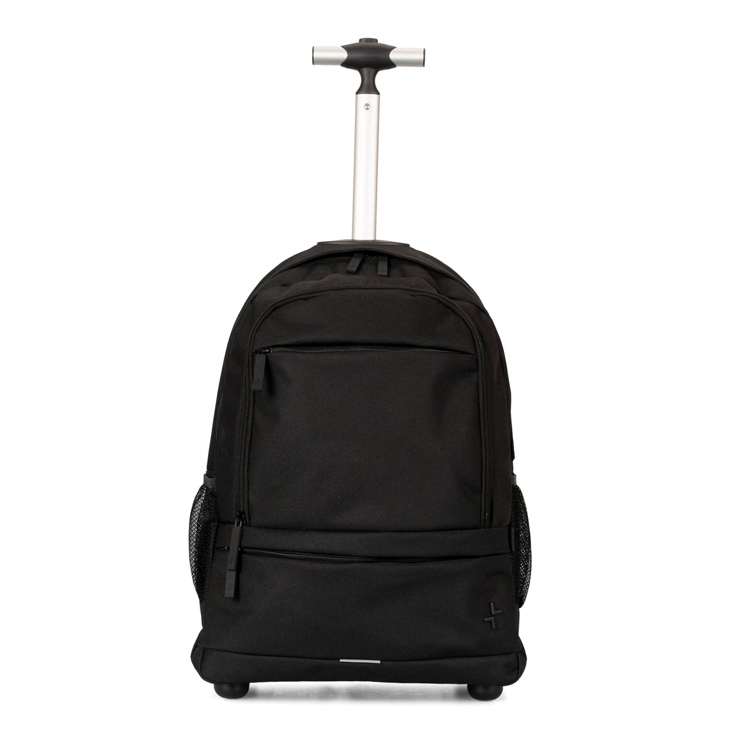 Front side of a black backpack on wheels called Mercier 3.0 designed by Tracker showing its telescopic handle 2 front zipper pockets, and 2 side mesh pockets.