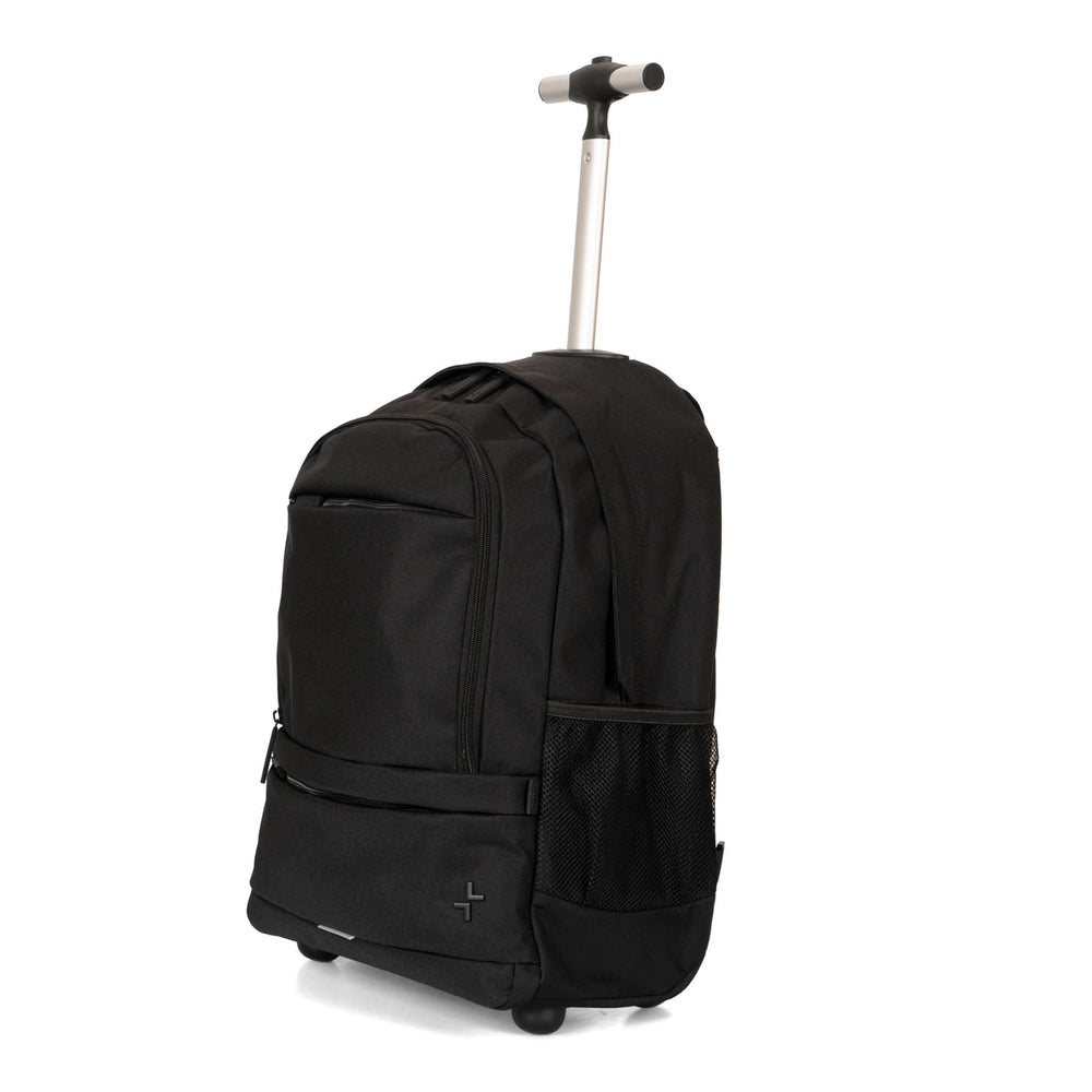 Angle view of a black backpack on wheels called Mercier 3.0 designed by Tracker showing its telescopic handle, 3 front pockets and 1 sidep pocket.