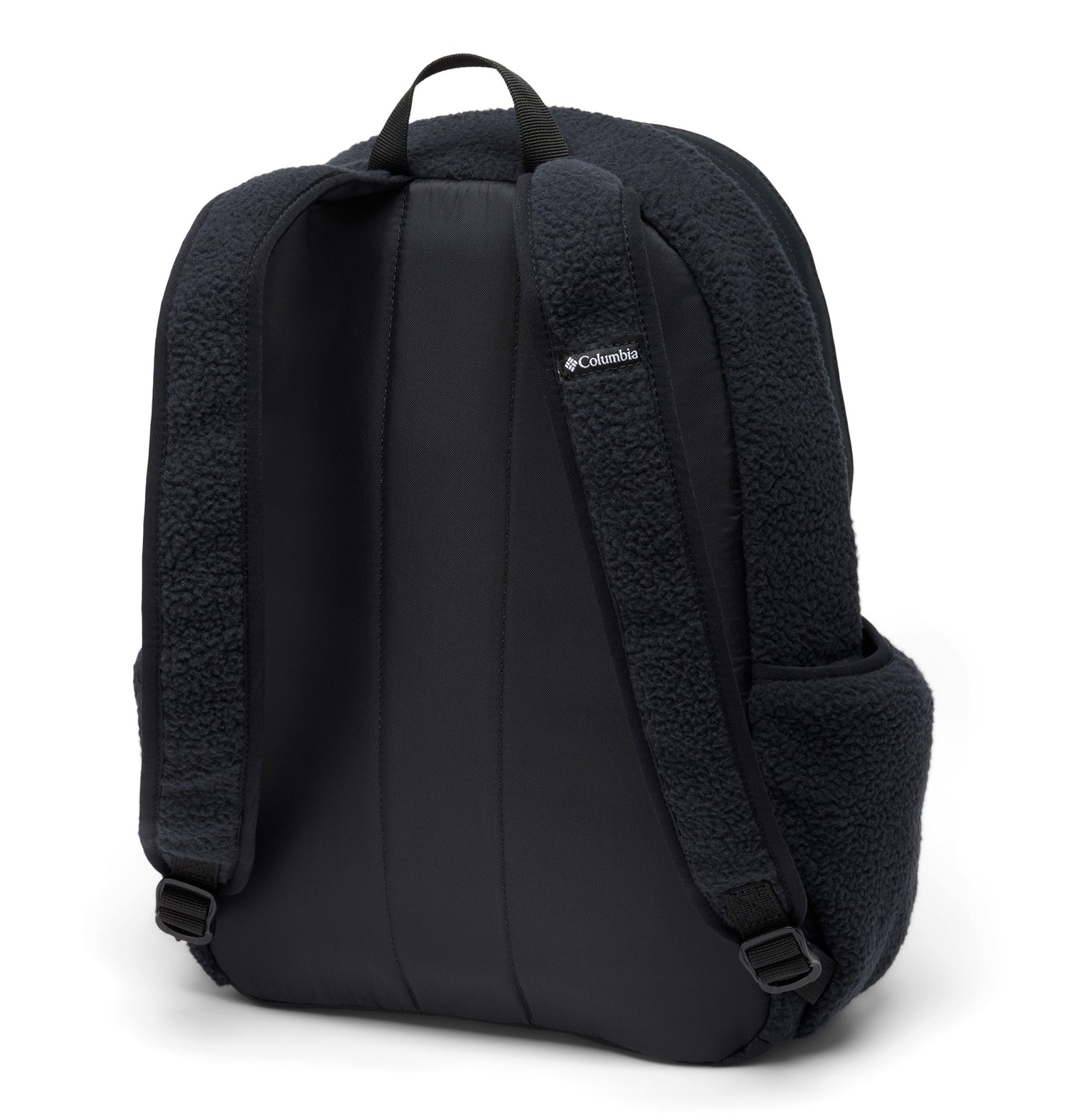 Back side of a black backpack called Helvetia designed by Columbia showing its fleece texture, straps, top handle, and one side pocket.