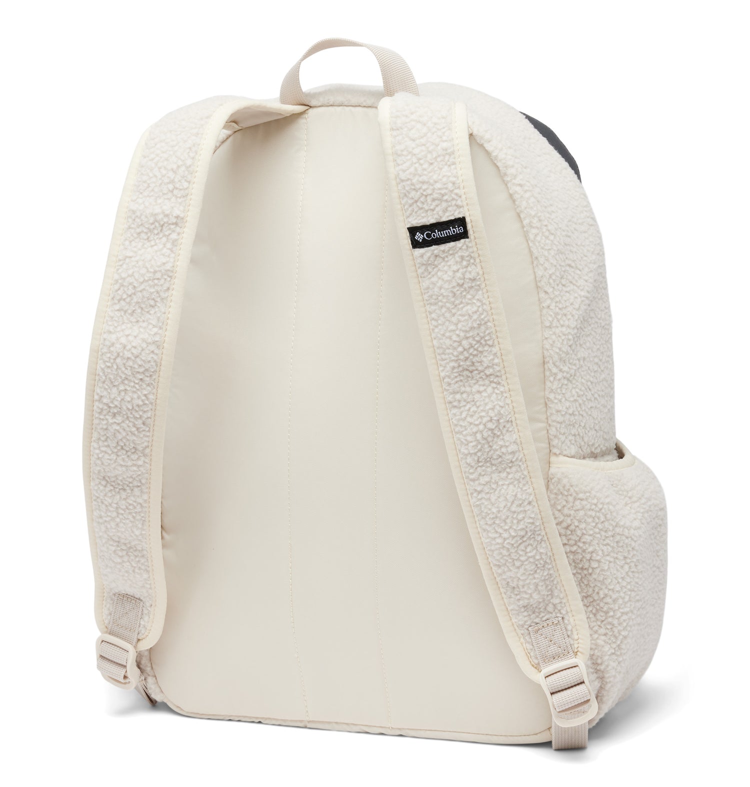 Back side of a white backpack called Helvetia designed by Columbia showing its fleece texture, straps, top handle, and one side pocket.