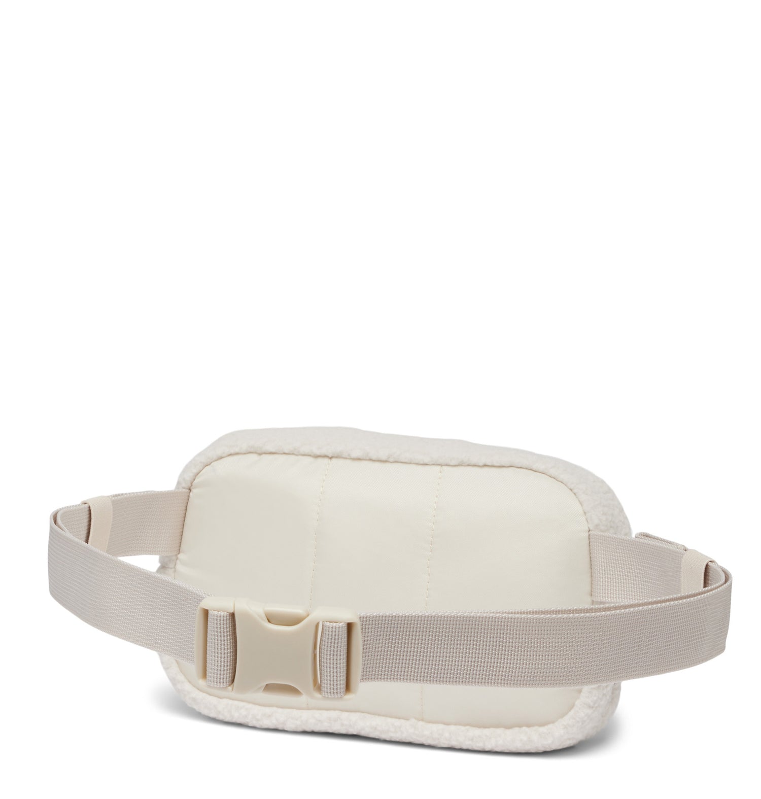 Back side view of a white fanny pack called Helvetia designed by Columbia showing its belt strap clip and back panel.