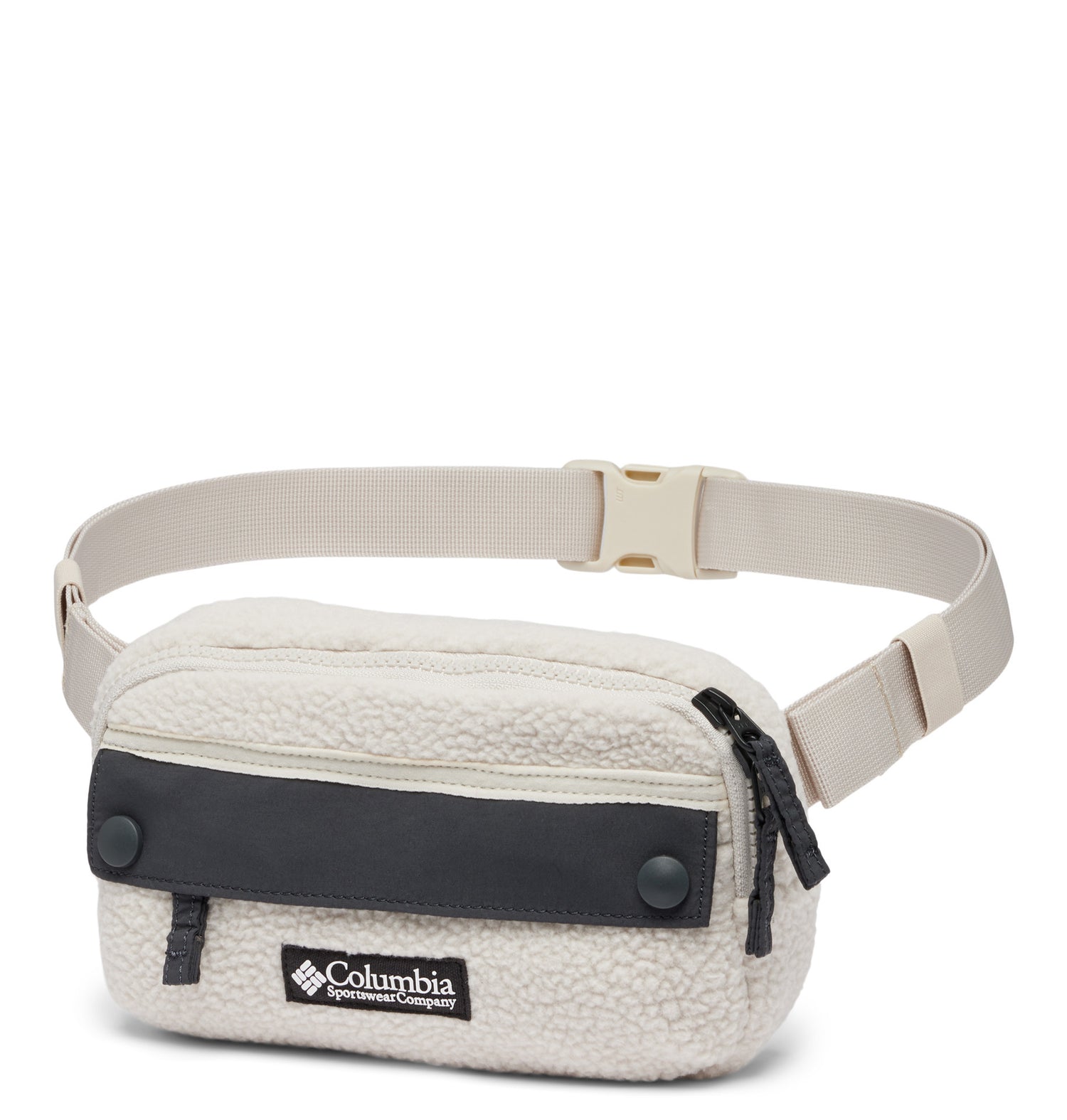 Front side view of a white fanny pack called Helvetia designed by Columbia showing its belt strap, pull tabs, snap-button closure, and colmbia logo on the front.