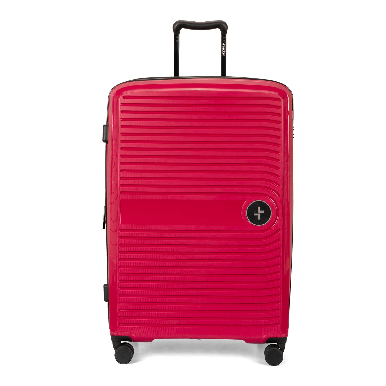 Front side of a red luggage called Dynamo designed by Tracker showing its telescopic handle, lined-pattern shell, and tracker symbol embossed on the front.
