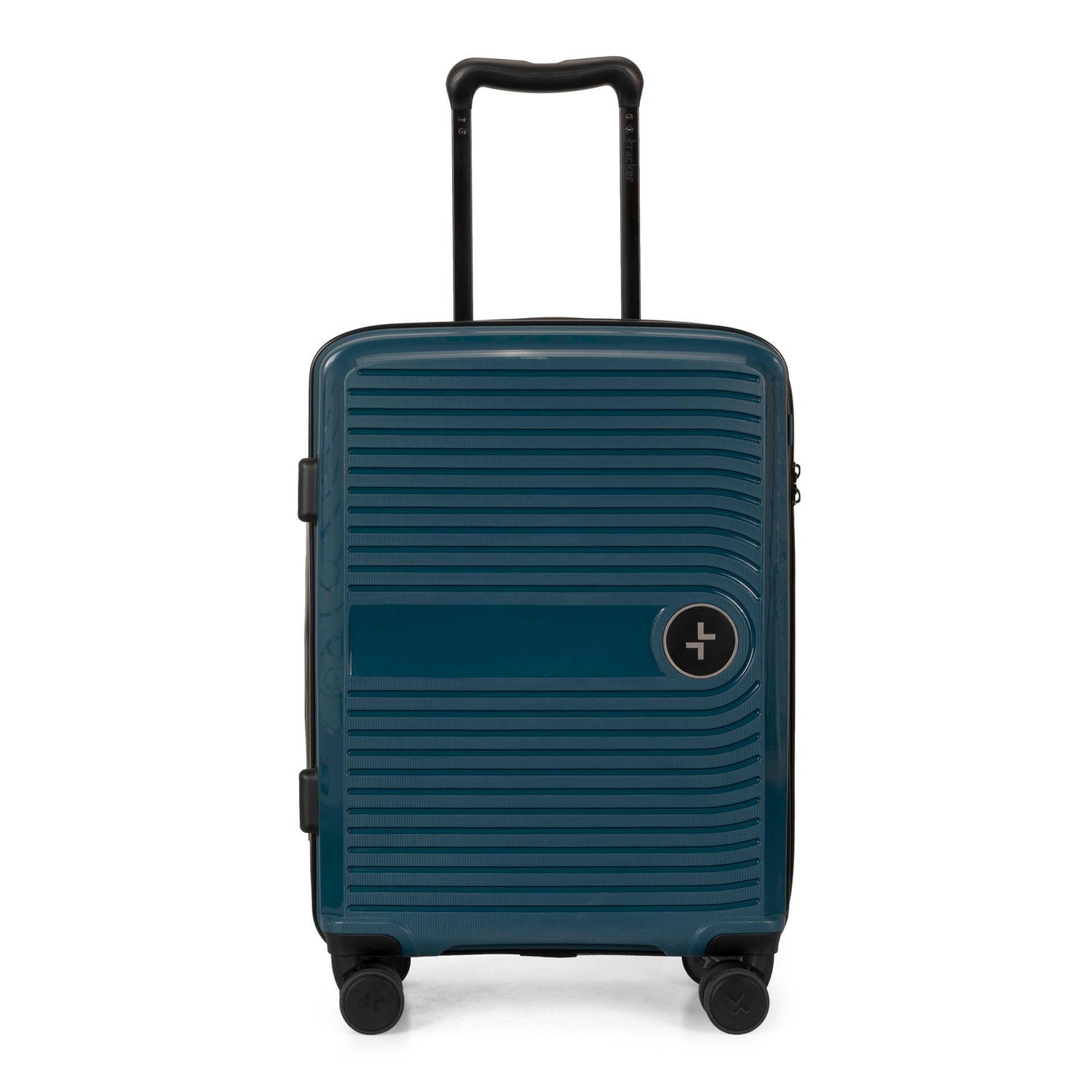 Front side of a navy luggage called Dynamo designed by Tracker showing its telescopic handle, lined-pattern shell, and tracker symbol embossed on the front.