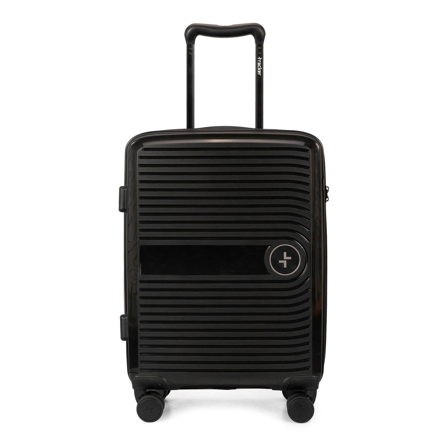 Front side of a black luggage called Dynamo designed by Tracker showing its telescopic handle, lined-pattern shell, and tracker symbol embossed on the front.