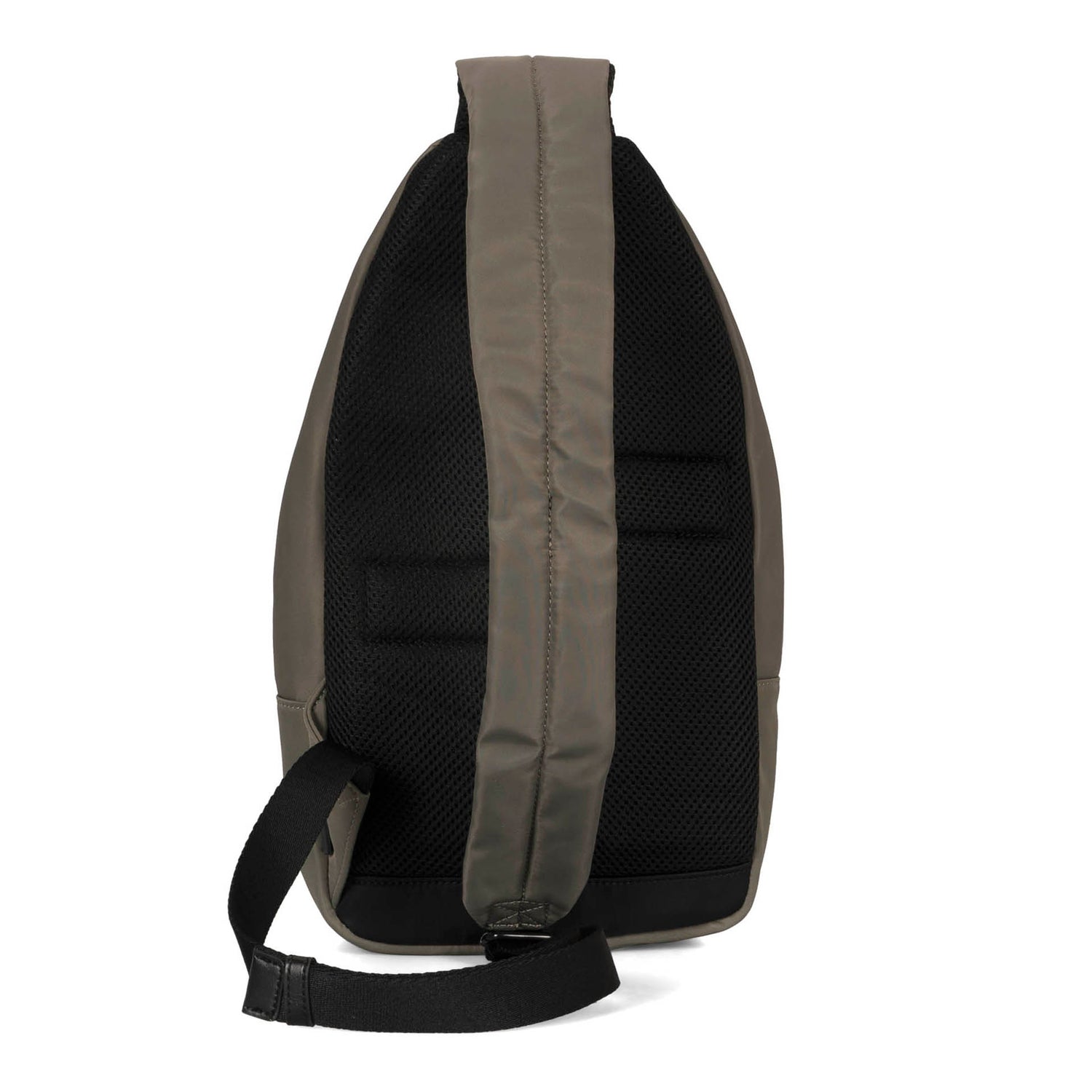 Back side of a grey-green sling bag called suttong designed by Tracker on a white background, showcasing its strap and padded back panel.