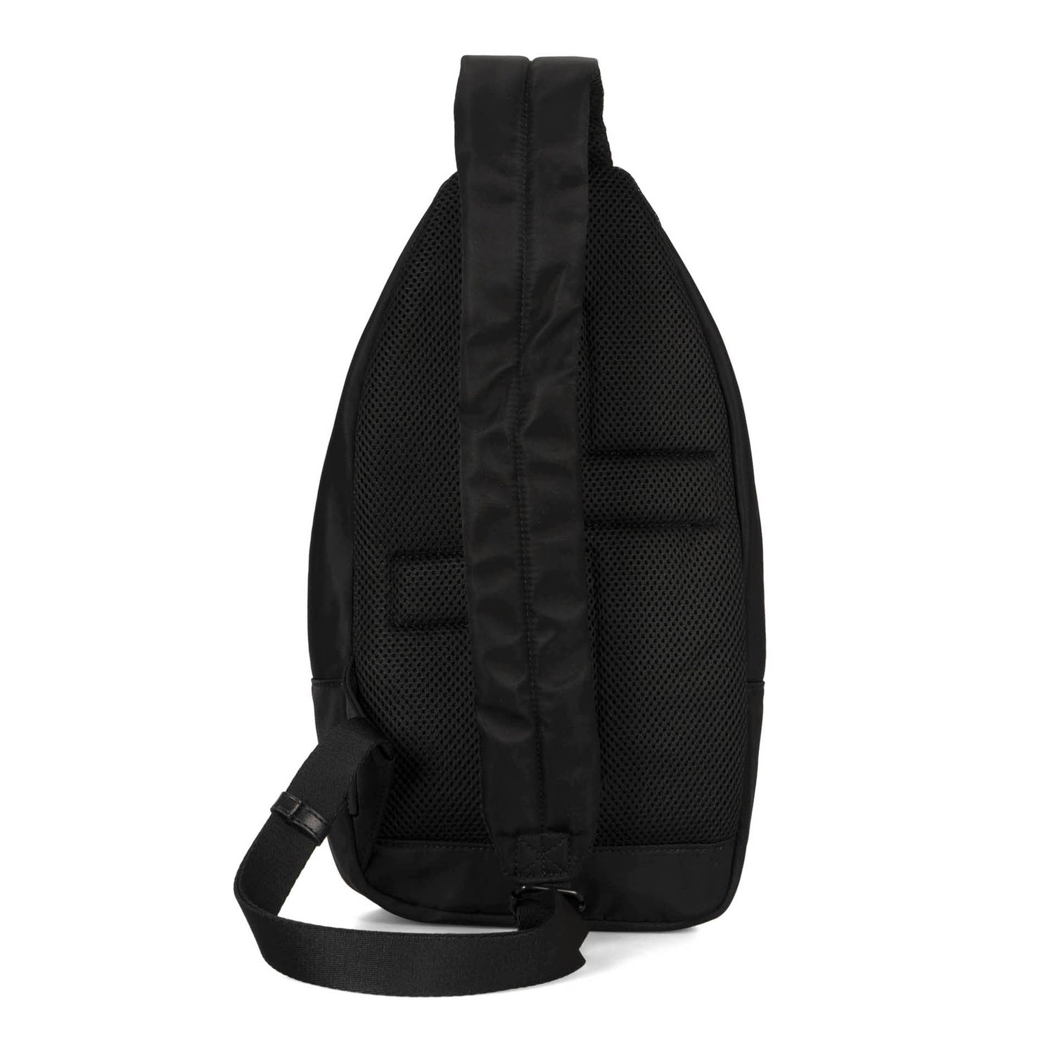 Back side of a black sling bag called suttong designed by Tracker on a white background, showcasing its strap and padded back panel.