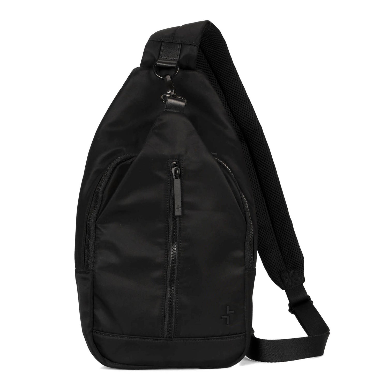 Front side of a black sling bag called suttong designed by Tracker on a white background, showcasing its from zipper pocket and strap.