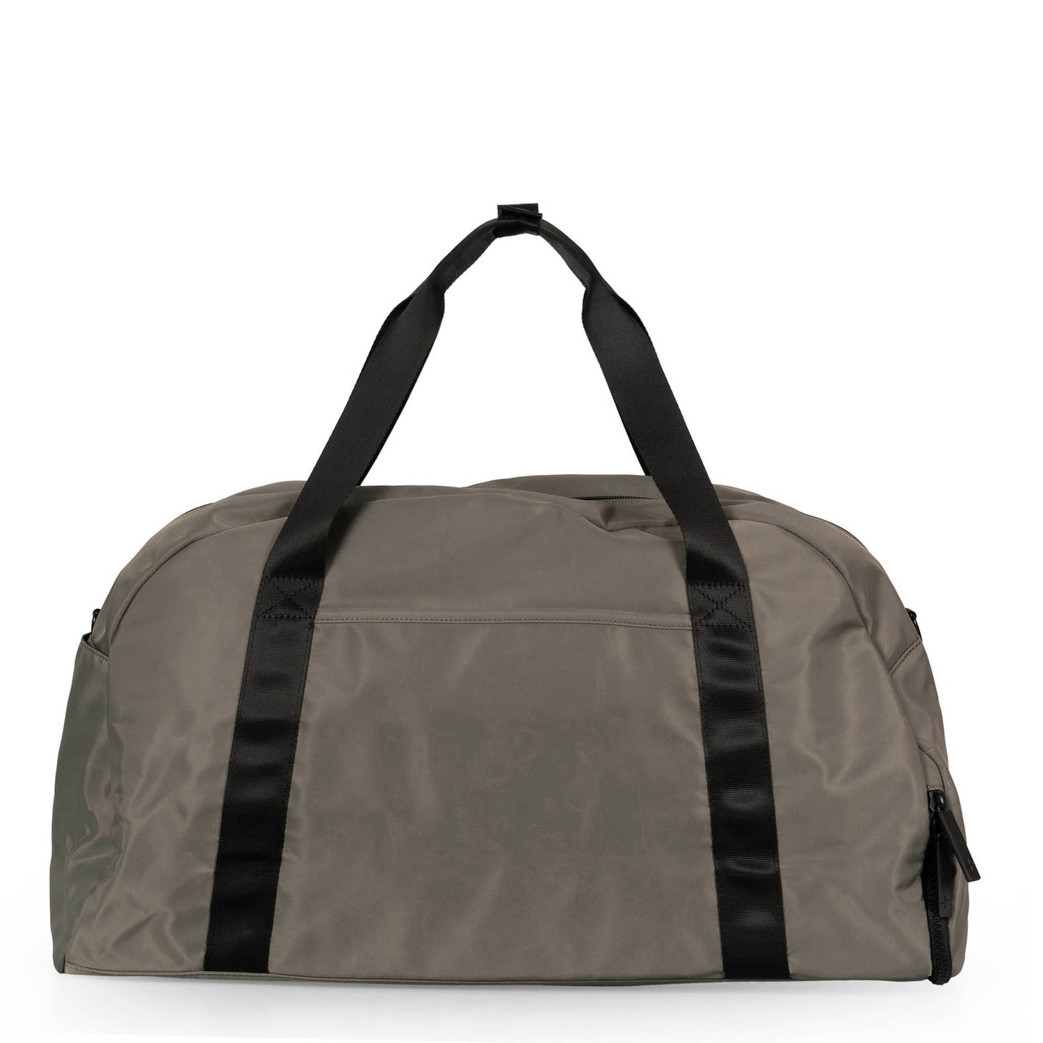 Back side of a grey-green duffle bag called Sutton designed by Tracker on a white background, showcasing its top handle and the bottom of a shoe compartment.