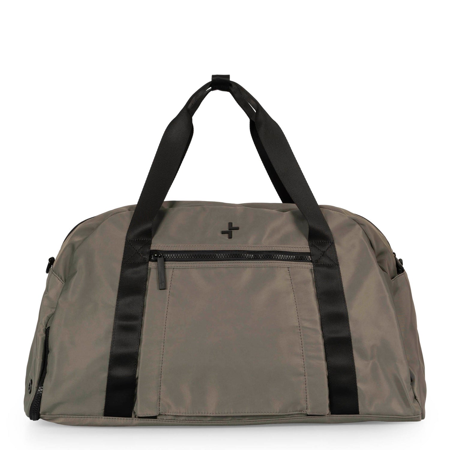 Front side of a grey-green duffle bag called Sutton designed by Tracker on a white background, showcasing its top handle, front zipper pocket and 2 side pockets.