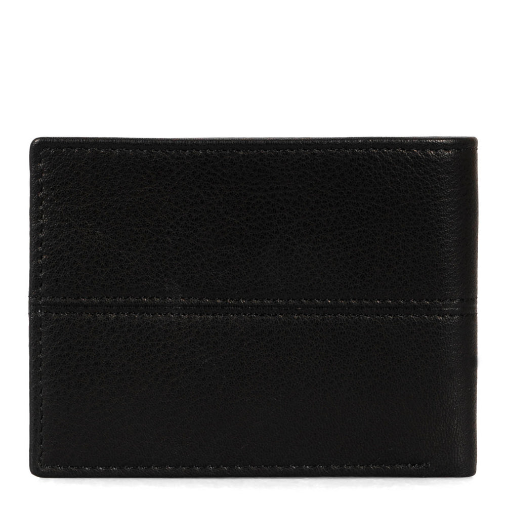 Back side of a men's black leather wallet called Stitched designed by Tracker, showing its stiched leather texture and logo.