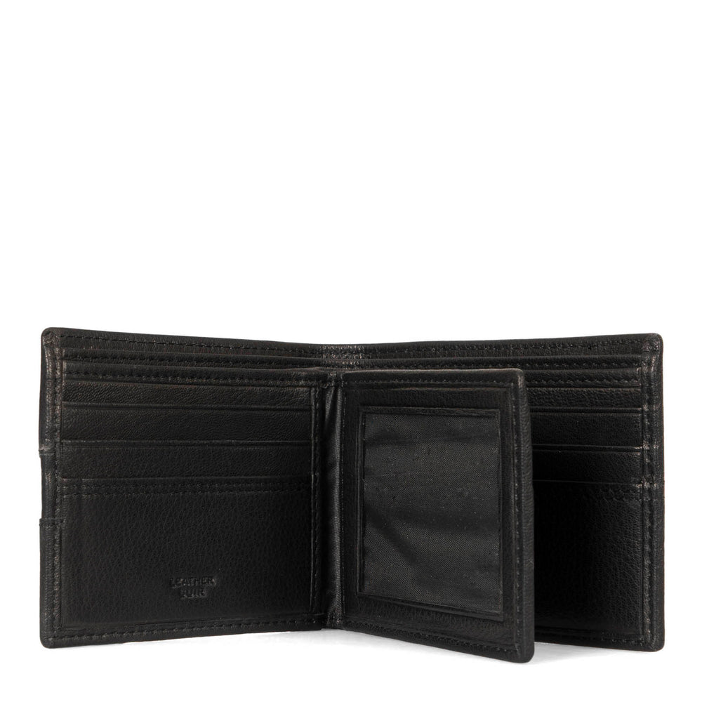 Inteiror view of a men's black leather wallet called Stitched designed by Tracker, showing its stiched leather texture, multiple pockets, ID window, and embossed word on leather saying "leather".