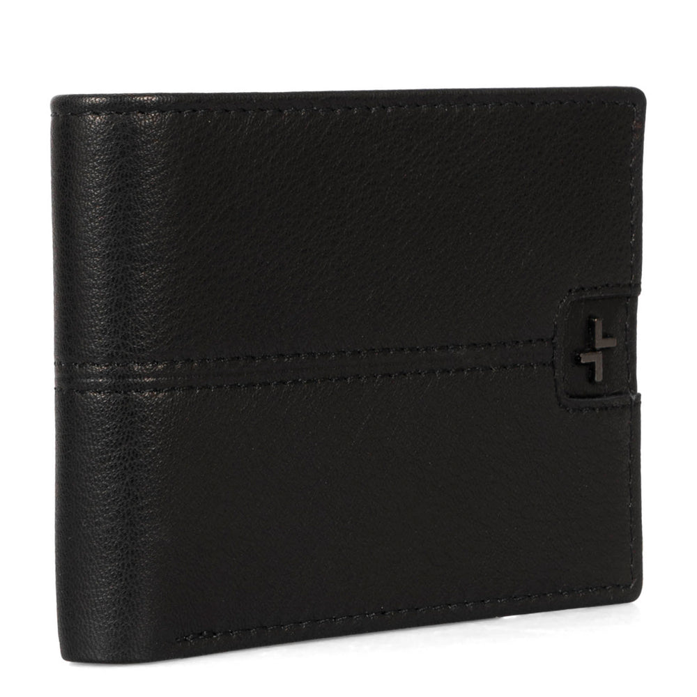Angle view of a men's black leather wallet called Stitched designed by Tracker, showing its stiched leather texture and logo