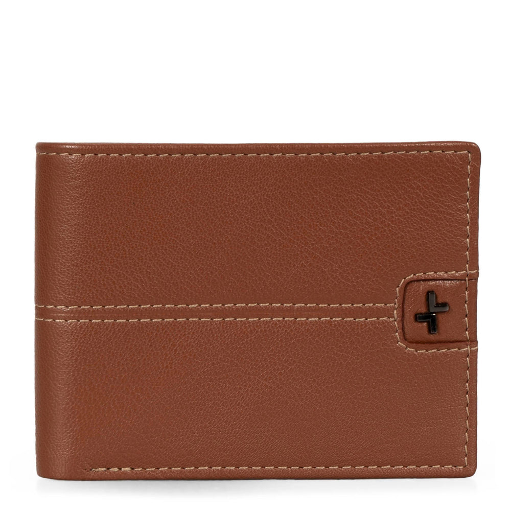 Front side of a men's brown leather wallet called Stitched designed by Tracker, showing its stiched leather texture and logo