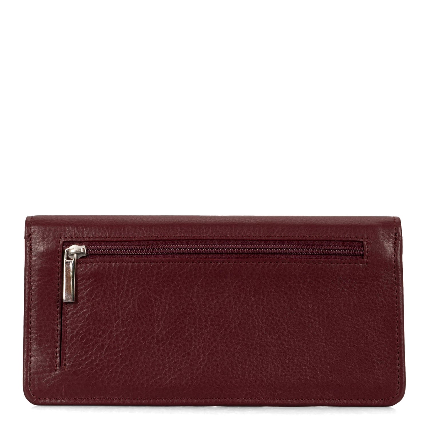 Back side of a burgundy women's wallet called Kelly designed by Tracker showing its hidden exterior compartment and smooth leather texture.