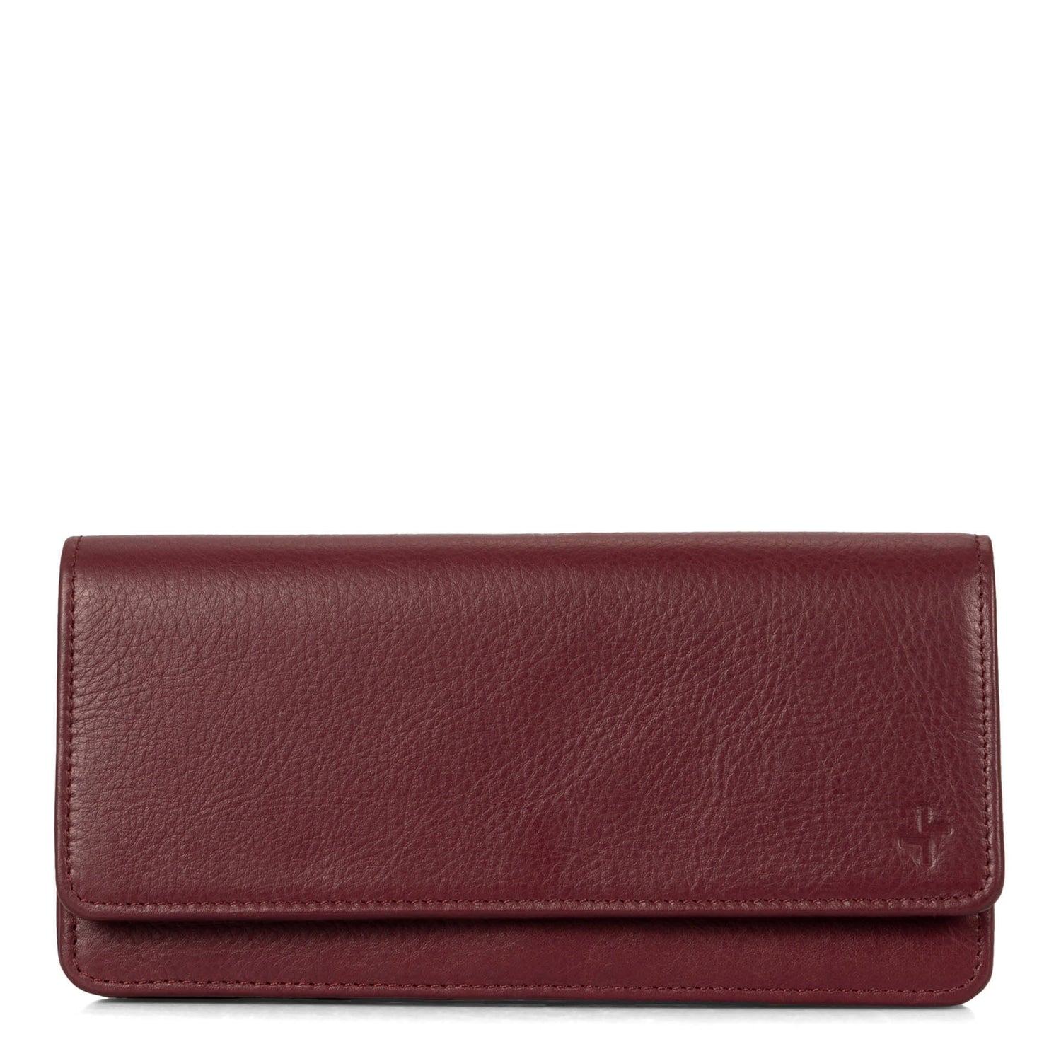 Front side of a burgundy women's wallet called Kelly designed by Tracker showing its leather texture and stitchings.