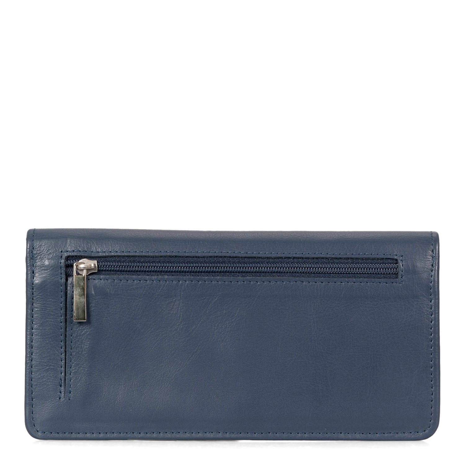 Back side of a blue women's wallet called Kelly designed by Tracker showing its hidden exterior compartment and smooth leather texture.