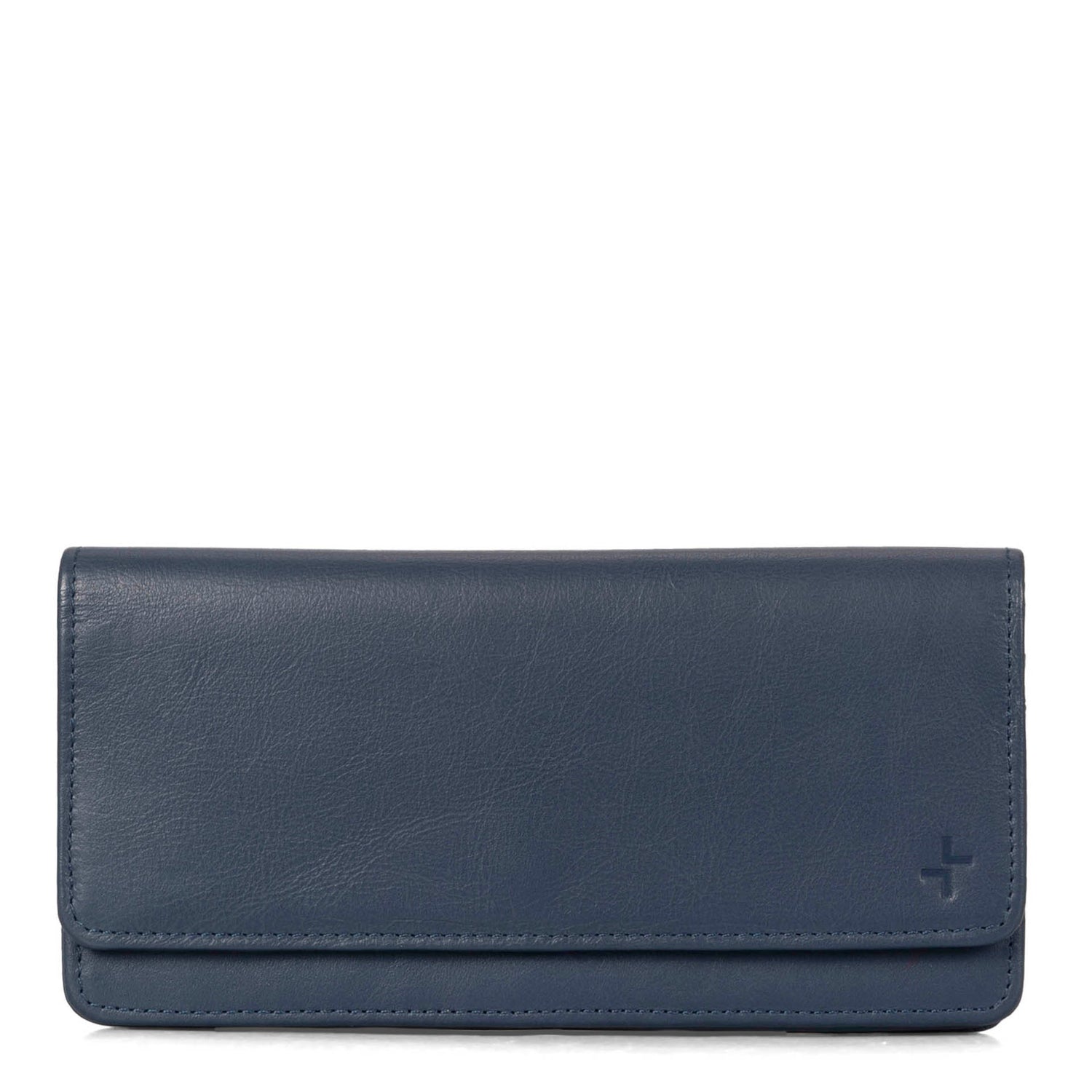 Front side of a blue women's wallet called Kelly designed by Tracker showing its leather texture and stitchings.
